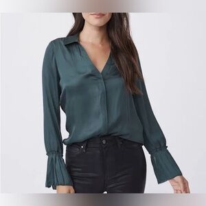 🆕PAIGE Satin Button Down Midnigth Slate Ruffle Blouse S🆕